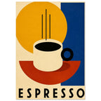 Cream espresso cup with black coffee, linear steam, yellow, blue and red geometric shapes, and bold ESPRESSO lettering.