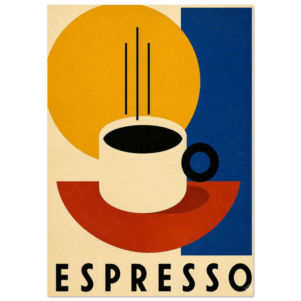 Cream espresso cup with black coffee, linear steam, yellow, blue and red geometric shapes, and bold ESPRESSO lettering.