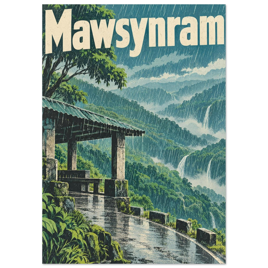 Mawsynram lettering above rain-soaked green hills, waterfalls and a roofed shelter beside a winding wet path.