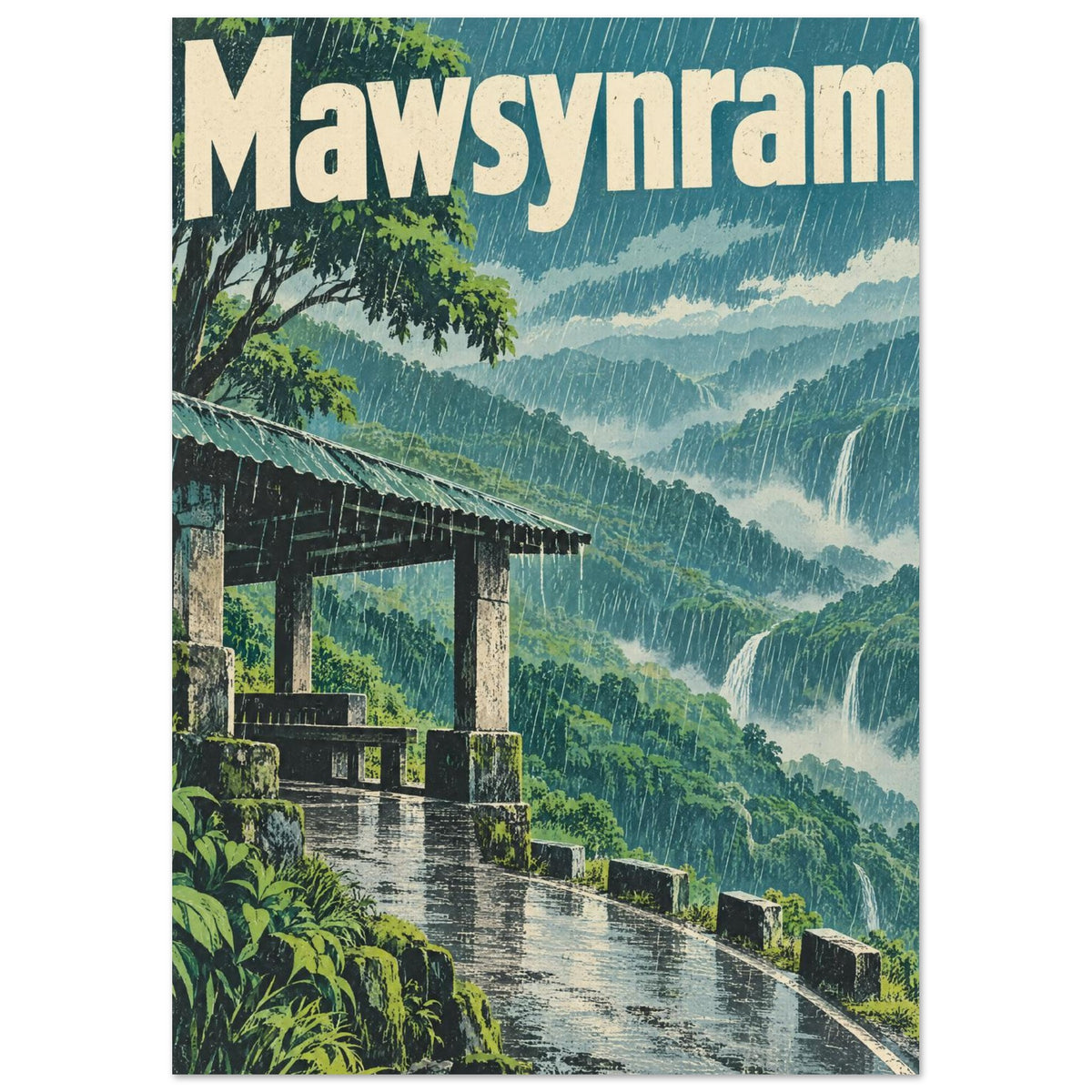Mawsynram lettering above rain-soaked green hills, waterfalls and a roofed shelter beside a winding wet path.