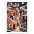 Snow-covered pink, cream and navy village houses with glowing windows, Christmas trees and winding steps beneath a moon.