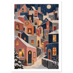 Snow-covered pink, cream and navy village houses with glowing windows, Christmas trees and winding steps beneath a moon.