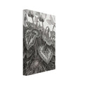 Cyclamen pencil drawing with swept-back flowers, patterned heart-shaped leaves, an exposed tuber and branching roots.