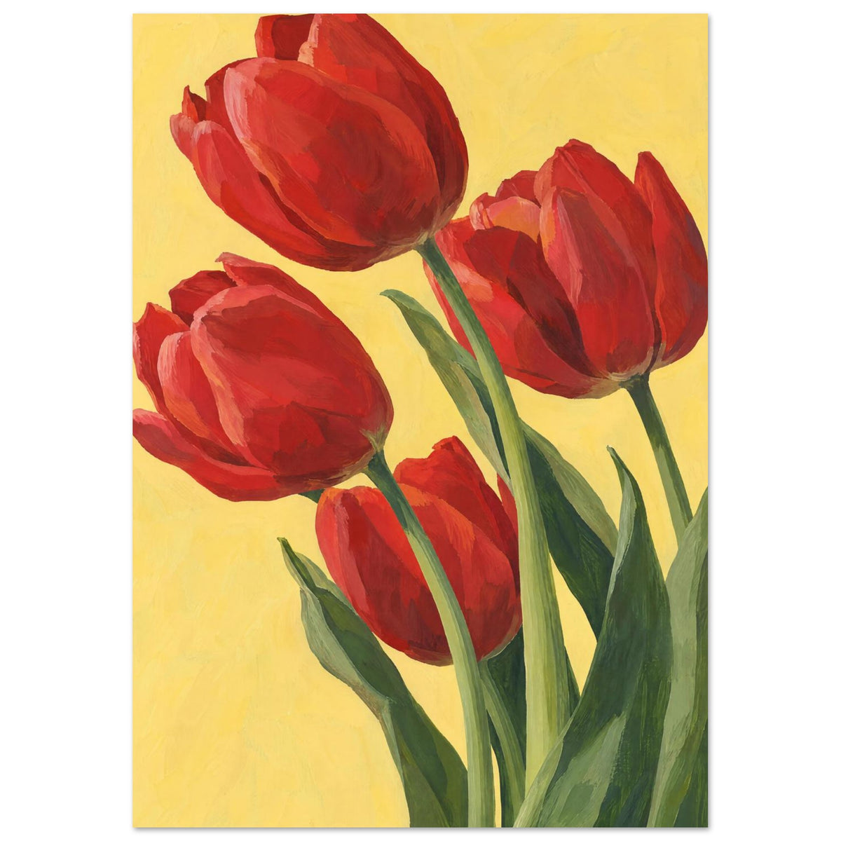 Four red tulips with long green stems and pointed leaves against a yellow background, painted with visible brushstrokes.