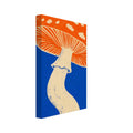 Mushroom with an orange spotted cap, cream gills and a curved cream stem against a vivid blue background.