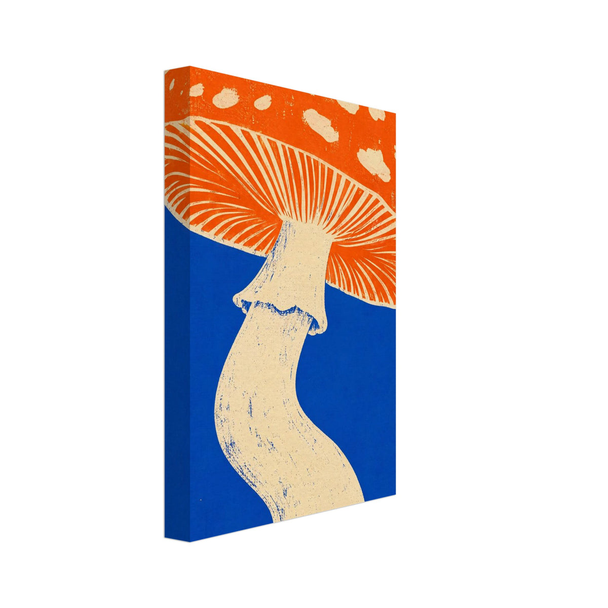 Mushroom with an orange spotted cap, cream gills and a curved cream stem against a vivid blue background.