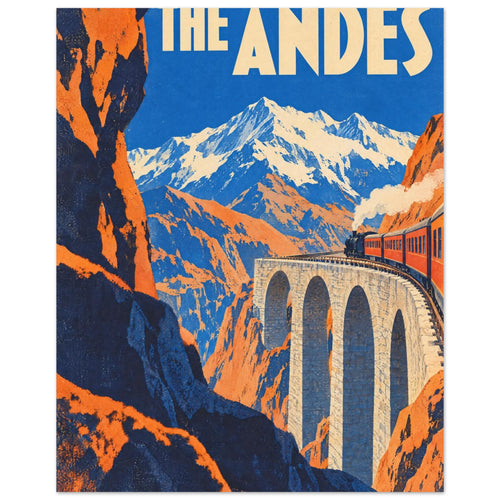 Steam train crossing a tall stone viaduct between orange cliffs, with snowy mountains and cream ‘THE ANDES’ lettering.