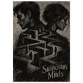 Two opposing profiles above a winding maze with two small figures and distressed ‘Suspicious Minds’ lettering.