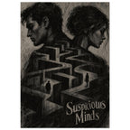 Two opposing profiles above a winding maze with two small figures and distressed ‘Suspicious Minds’ lettering.