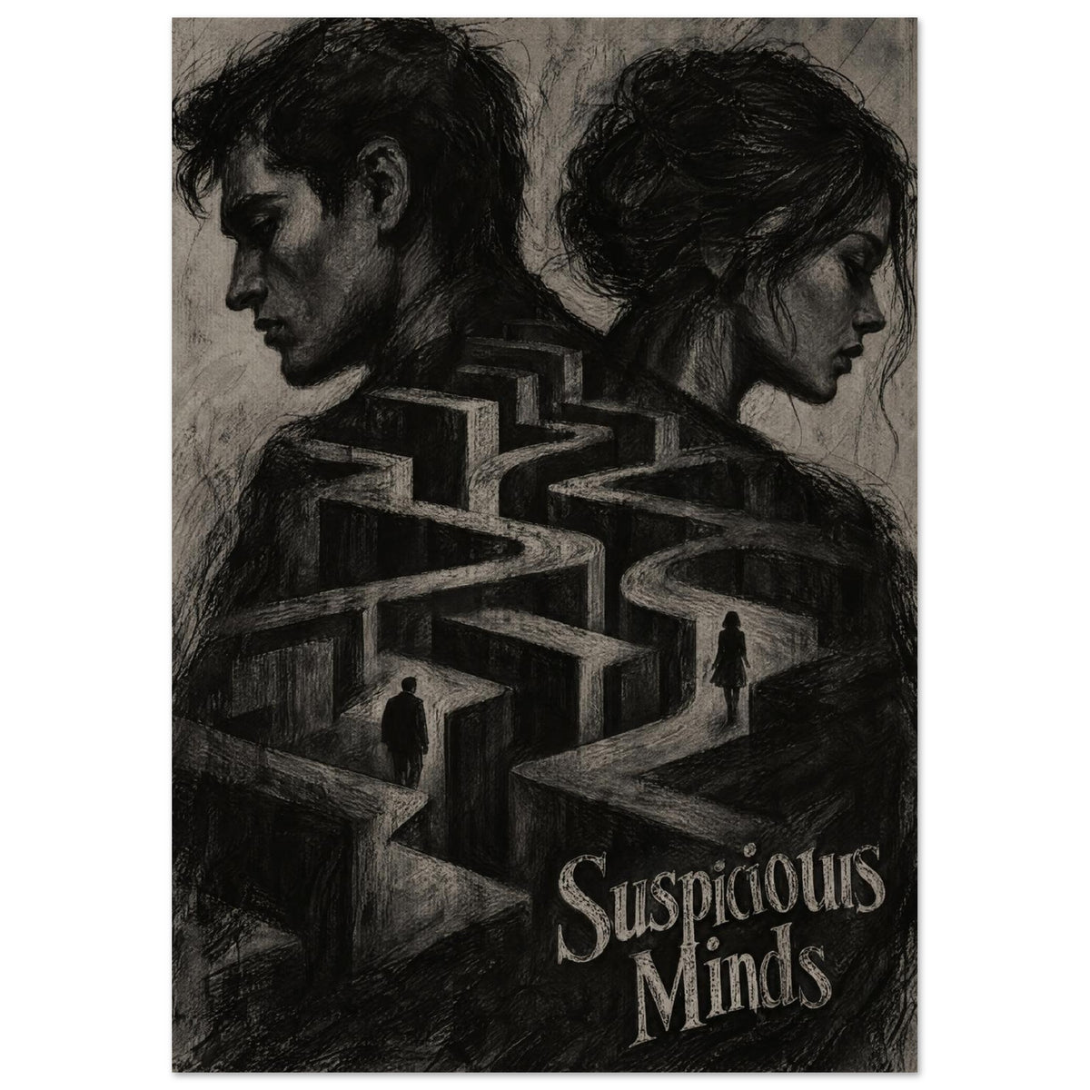 Two opposing profiles above a winding maze with two small figures and distressed ‘Suspicious Minds’ lettering.