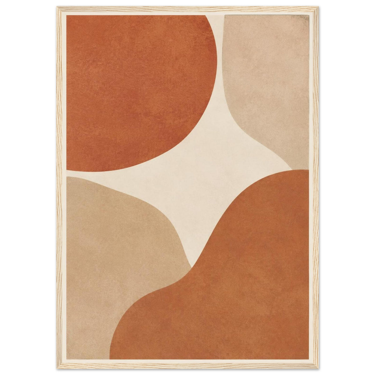 Abstract burnt orange and beige curved shapes on a cream background, with mottled texture and a narrow cream border.