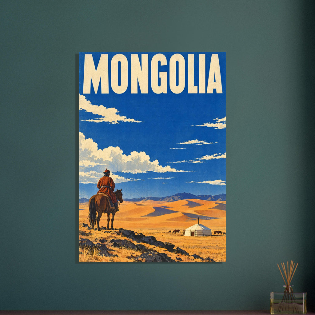 Mongolia travel poster with a horse and rider, golden desert dunes, a white yurt and cream clouds beneath blue sky.