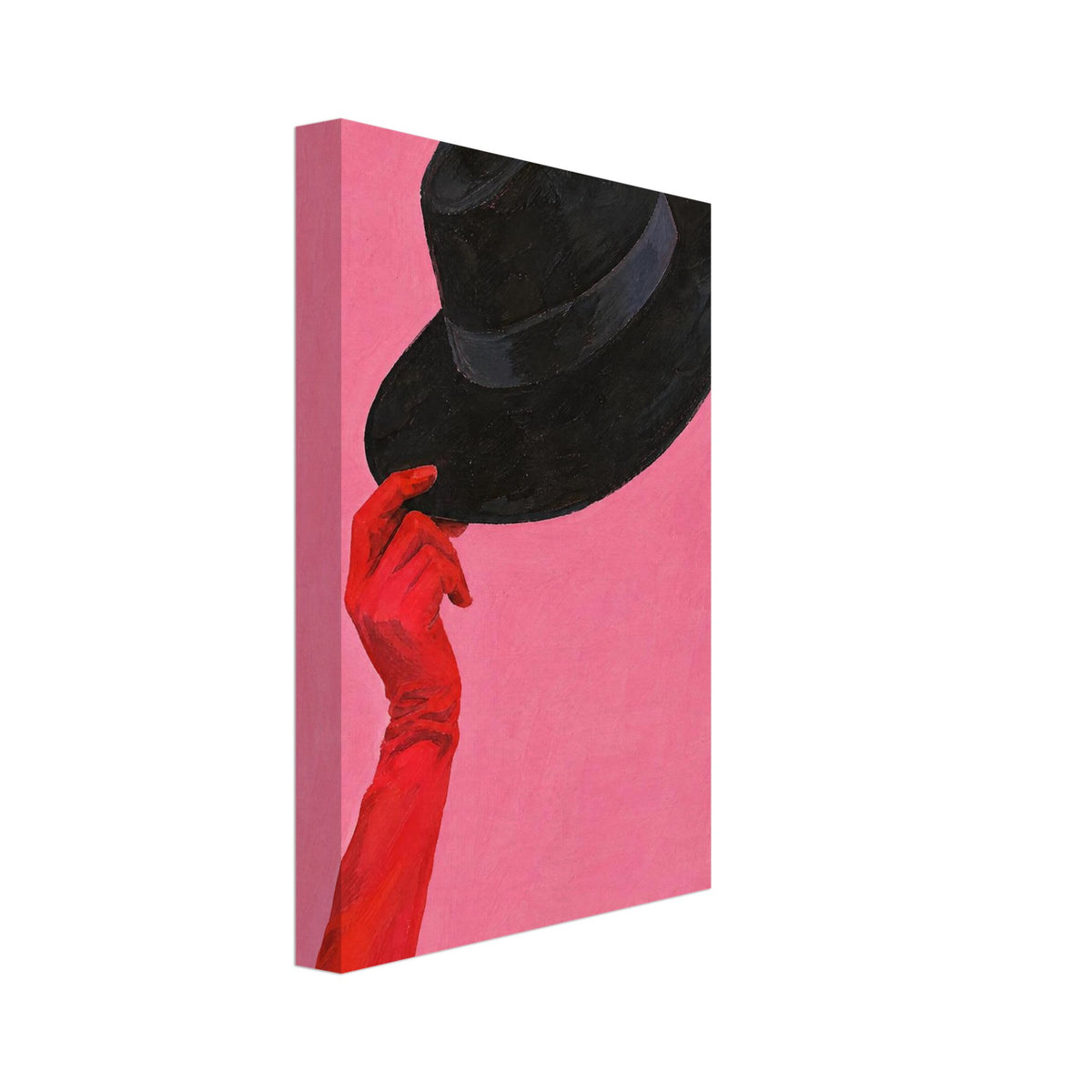 Red-gloved hand lifting a wide-brimmed black hat against a textured pink background.