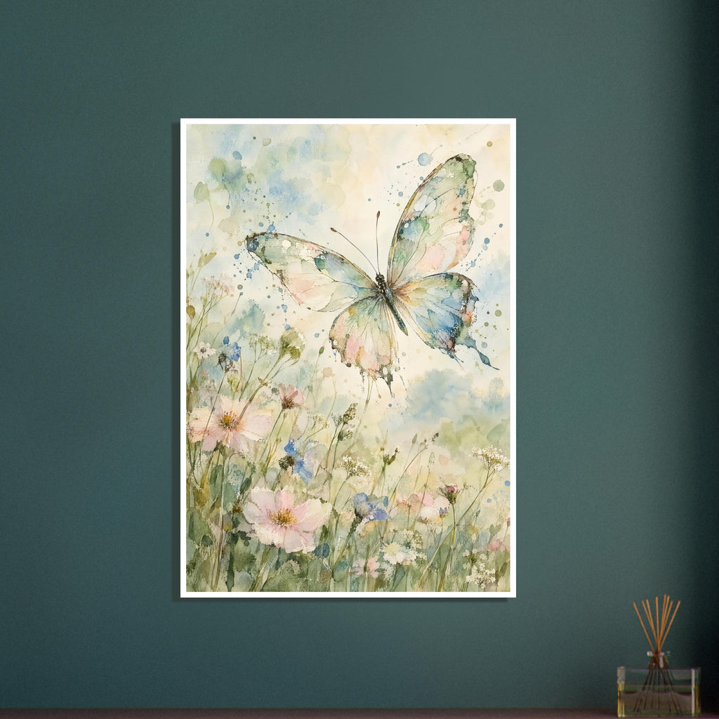 Pastel butterfly with spread wings above pink, blue and white wildflowers in soft green and blue watercolour washes.