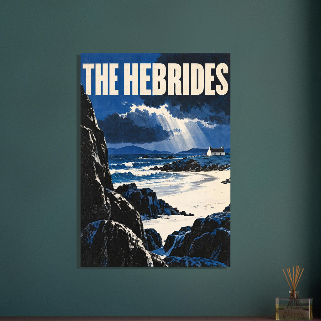 Hebrides coastal poster with bold cream lettering, blue waves, dark rocks, a white cottage and sunlight through clouds.