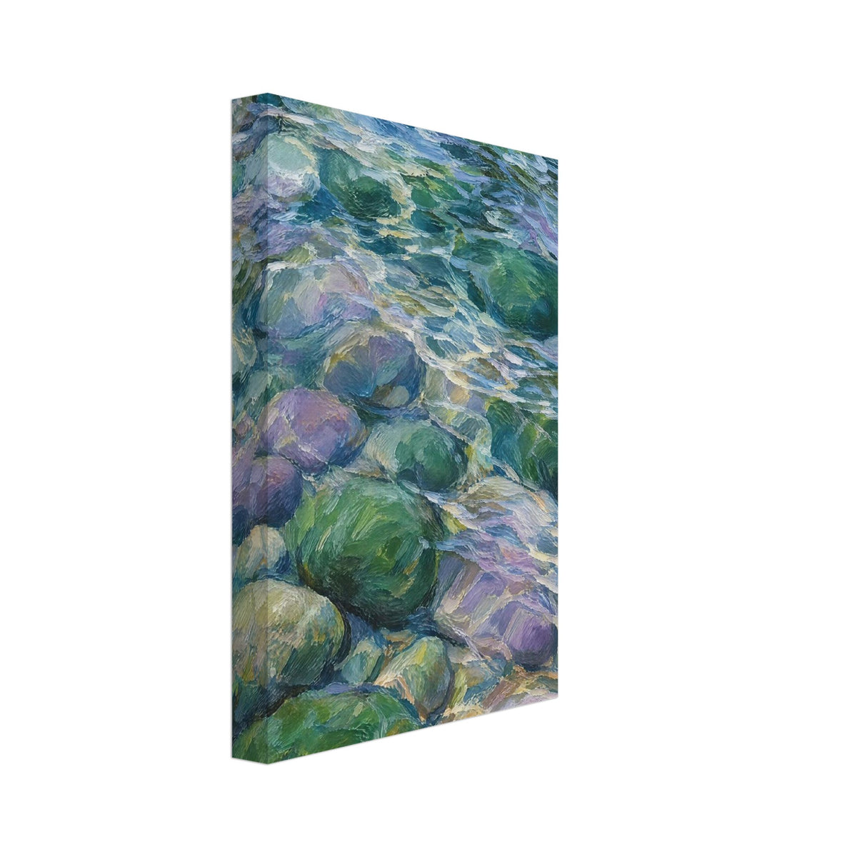 Rounded green and lilac pebbles beneath rippling blue water, depicted with expressive brushstrokes and pale highlights.