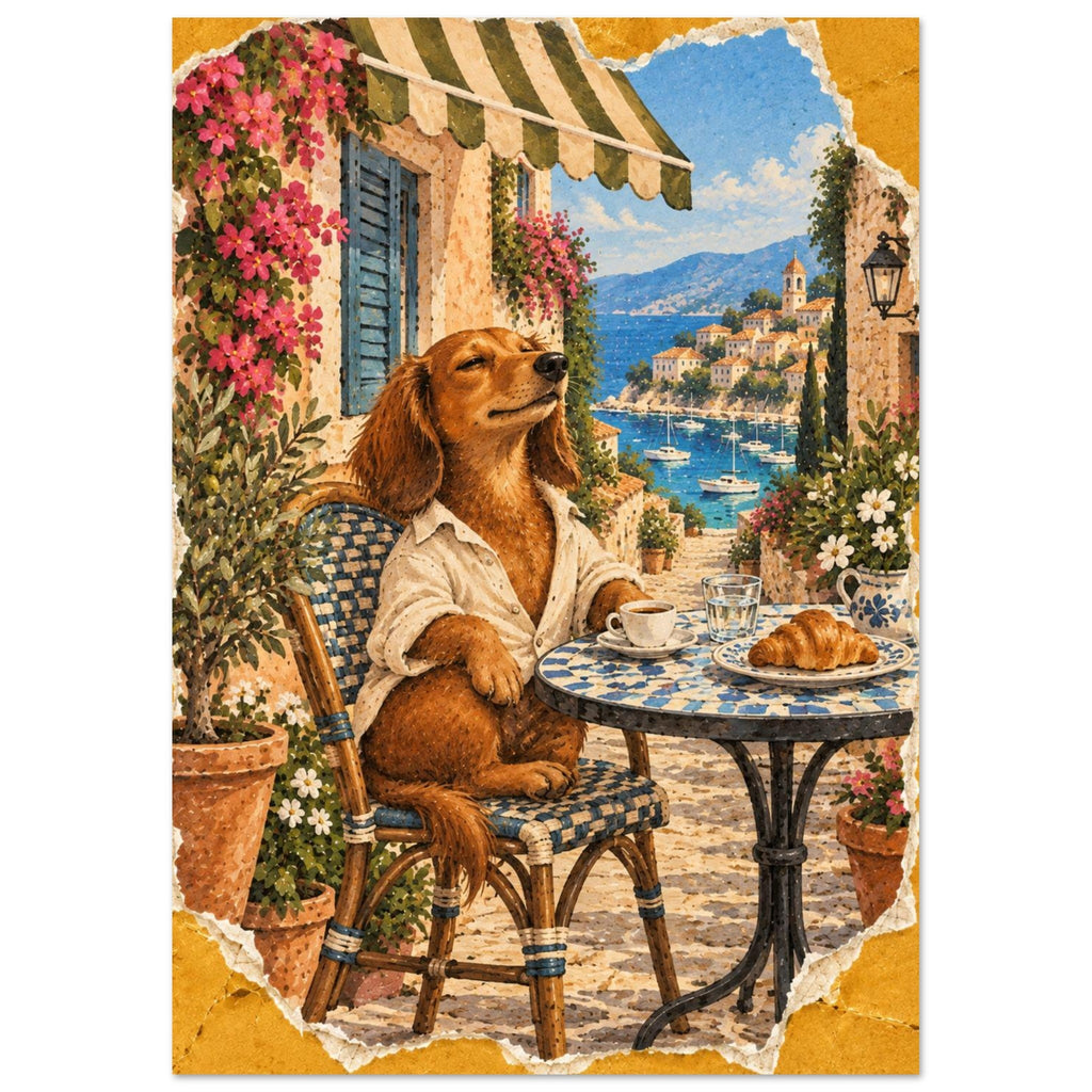 Brown dog in a cream shirt at a café table with coffee and a croissant, overlooking a blue bay with sailing boats.