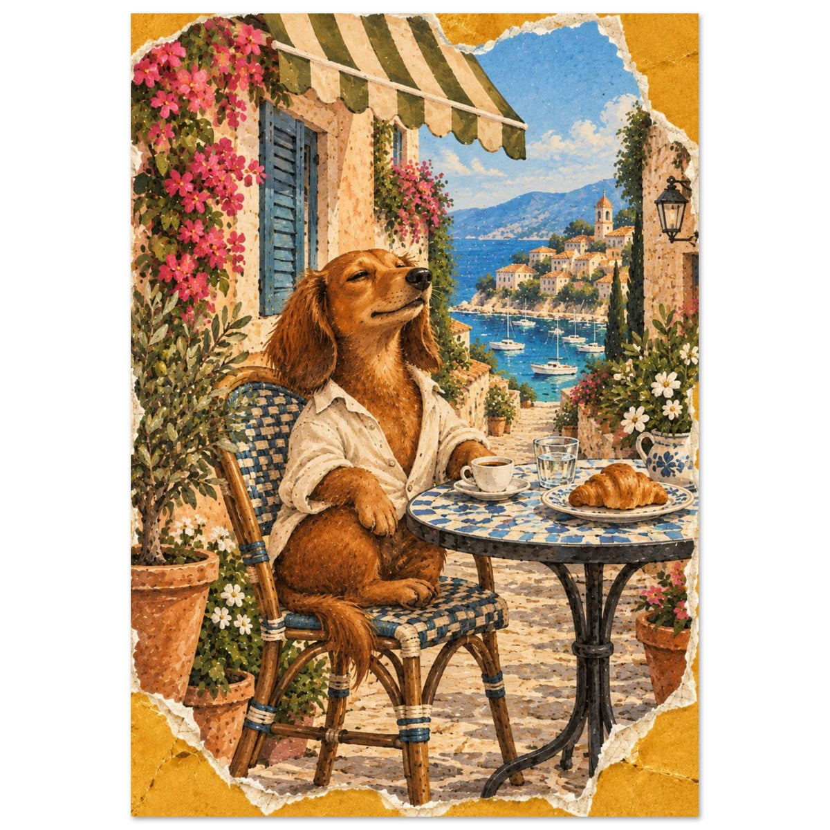 Brown dog in a cream shirt at a café table with coffee and a croissant, overlooking a blue bay with sailing boats.