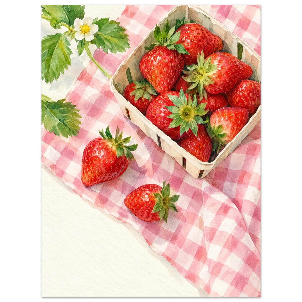 Strawberry Picnic shows a paper punnet of strawberries and two loose berries on pink gingham cloth, viewed from above.
