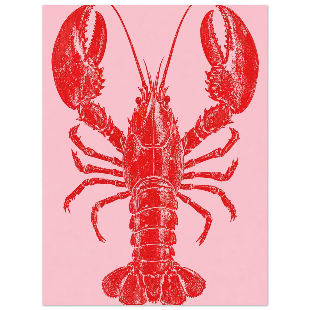 Red lobster with large raised claws, long antennae and a textured shell on a plain pink background.