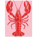 Red lobster with large raised claws, long antennae and a textured shell on a plain pink background.
