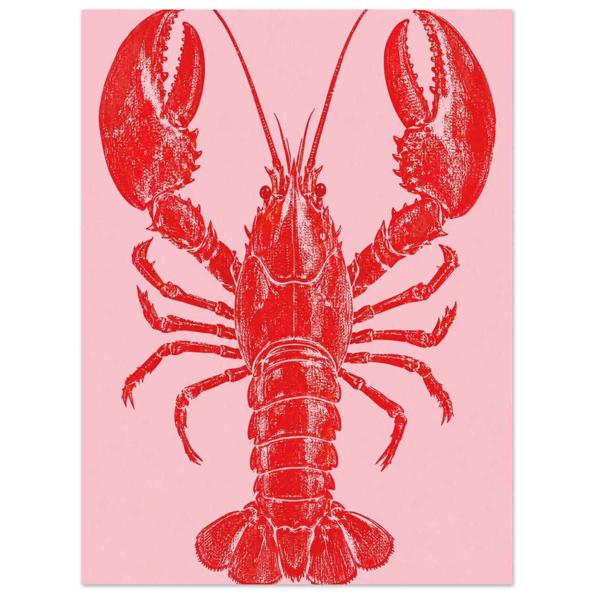 Red lobster with large raised claws, long antennae and a textured shell on a plain pink background.