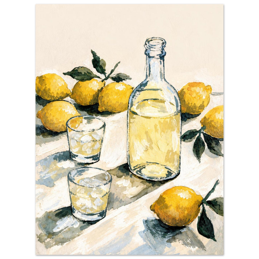 Yellow lemons with green leaves surround a clear bottle and two glasses of pale yellow liquid on a cream tabletop.