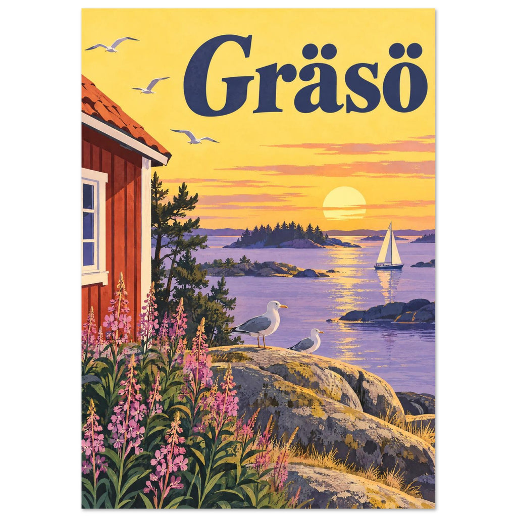 Gräsös skärgård med röd stugknut, måsar på en klippa, mjölkört och en segelbåt under gul kvällshimmel.