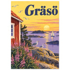 Gräsös skärgård med röd stugknut, måsar på en klippa, mjölkört och en segelbåt under gul kvällshimmel.