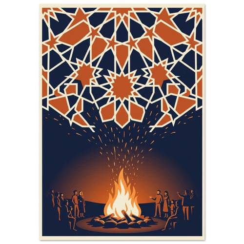 People gathered around a glowing bonfire beneath a canopy of orange geometric stars with cream outlines on navy.