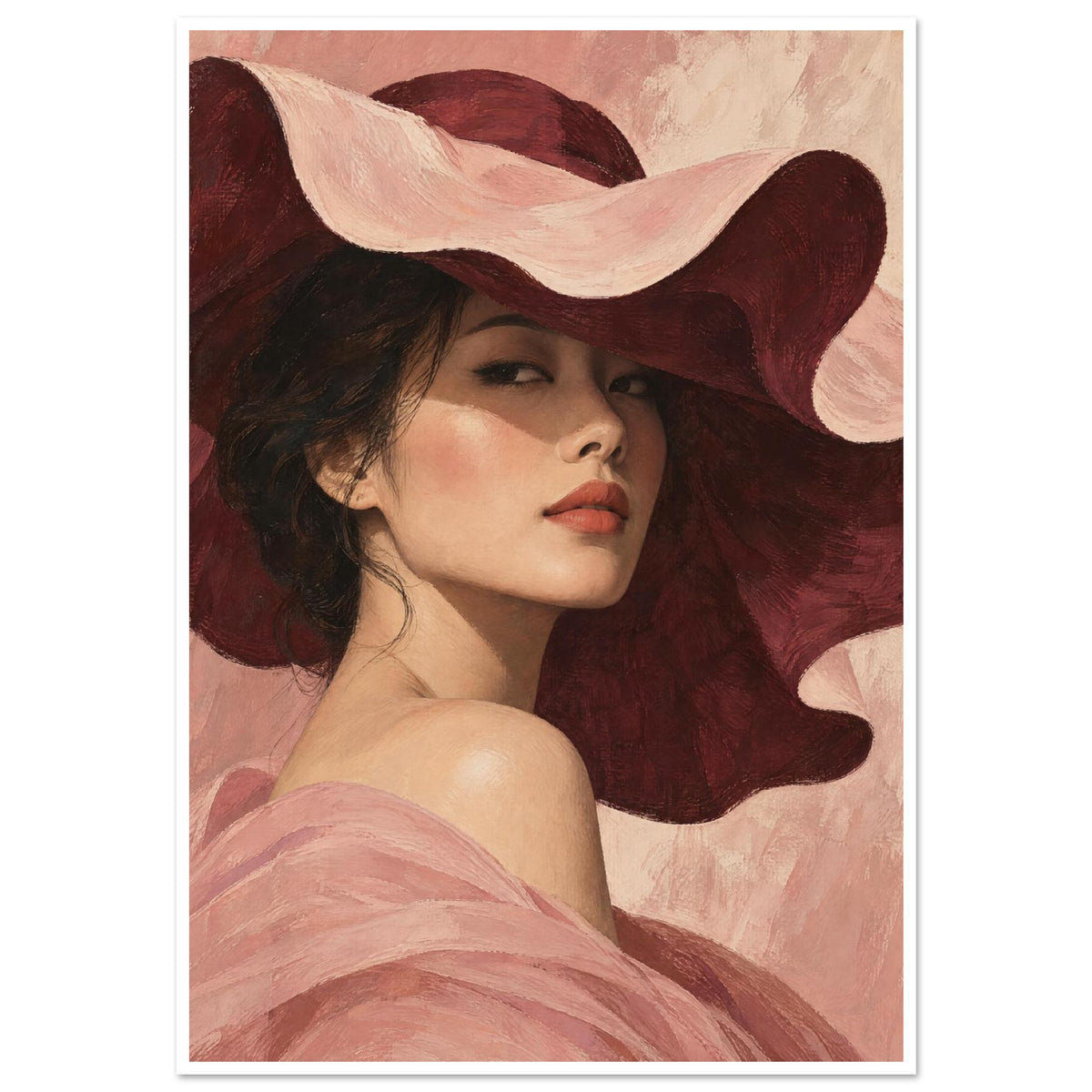 Woman with dark hair and a bare shoulder beneath an oversized pink and burgundy scalloped hat, with pink draped fabric.