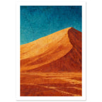 Orange desert dune with a sweeping golden ridge, rust-coloured shadows and a teal sky, with crackle-like texture throughout.