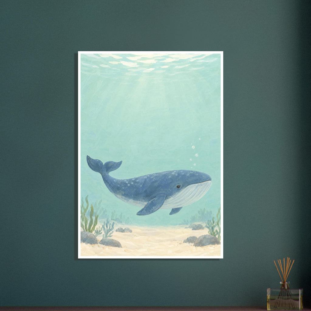 Blue whale swimming through pale aqua water above a sandy seabed with rocks and sea plants, beneath sunlit ripples.