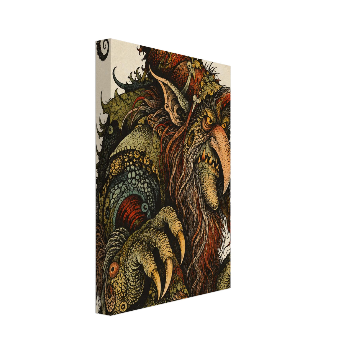 Fantasy creature with a curling red hat, hooked nose, pointed teeth and clawed hands, intricately drawn on cream.