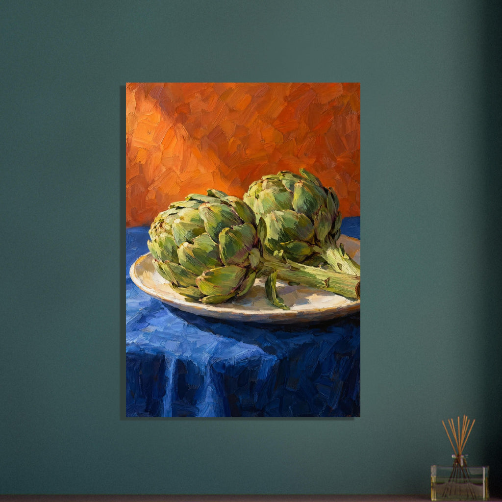 Two green artichokes on a pale oval platter, with a blue tablecloth and orange background in broad painted strokes.