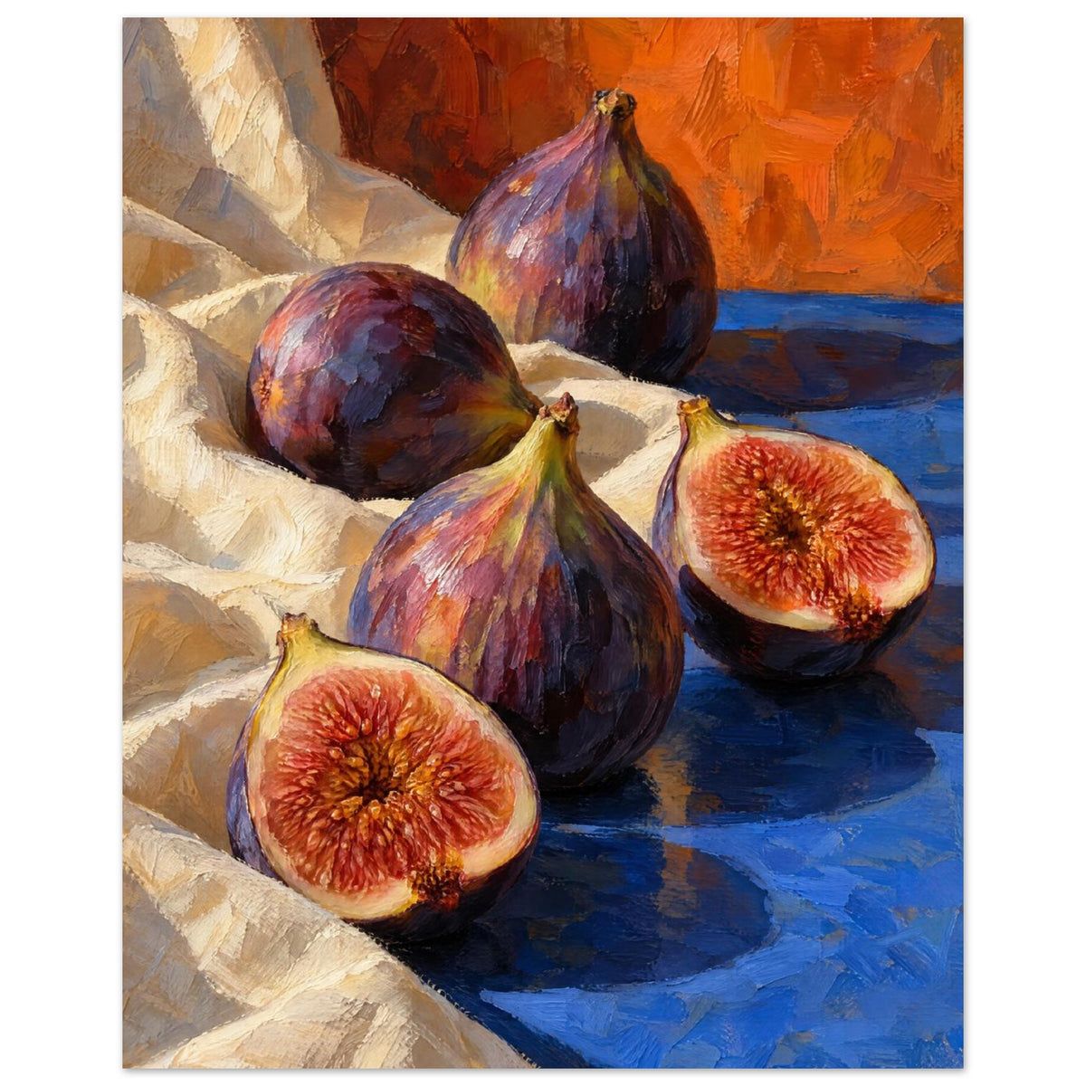 Three whole purple figs and two cut halves on cream fabric and a blue surface, with an orange background and textured brushwo