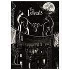 Two cats on a washing line with tails forming a heart above moonlit rooftops, with ‘The Lovecats’ lettering.