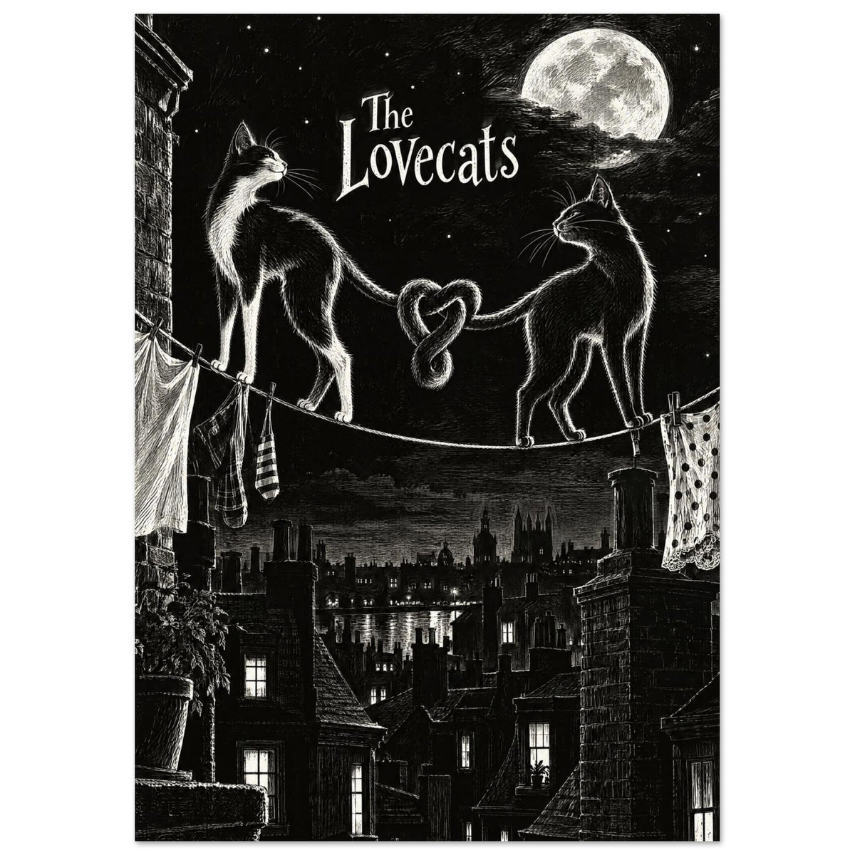 Two cats on a washing line with tails forming a heart above moonlit rooftops, with ‘The Lovecats’ lettering.