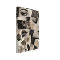 Fragmented woman's face with leafy stems, geometric shapes and torn-paper textures in cream, beige and charcoal.