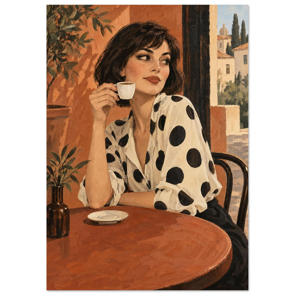 Polka Dot Espresso shows a bob-haired woman in a spotted ivory blouse lifting an espresso cup at a round café table.