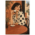 Polka Dot Espresso shows a bob-haired woman in a spotted ivory blouse lifting an espresso cup at a round café table.