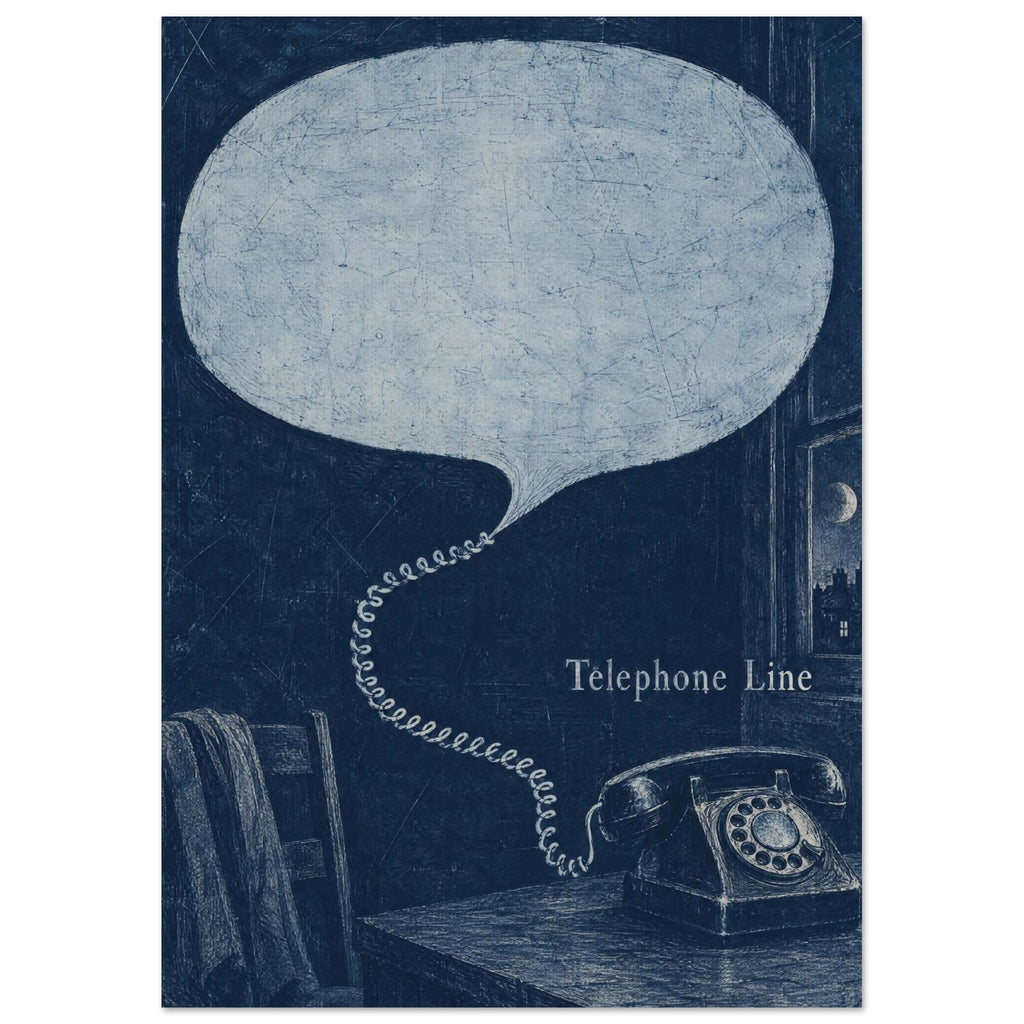 Rotary telephone on a table, its cord becoming a large speech bubble, with ‘Telephone Line’ text in a textured blue scene.