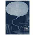 Rotary telephone on a table, its cord becoming a large speech bubble, with ‘Telephone Line’ text in a textured blue scene.
