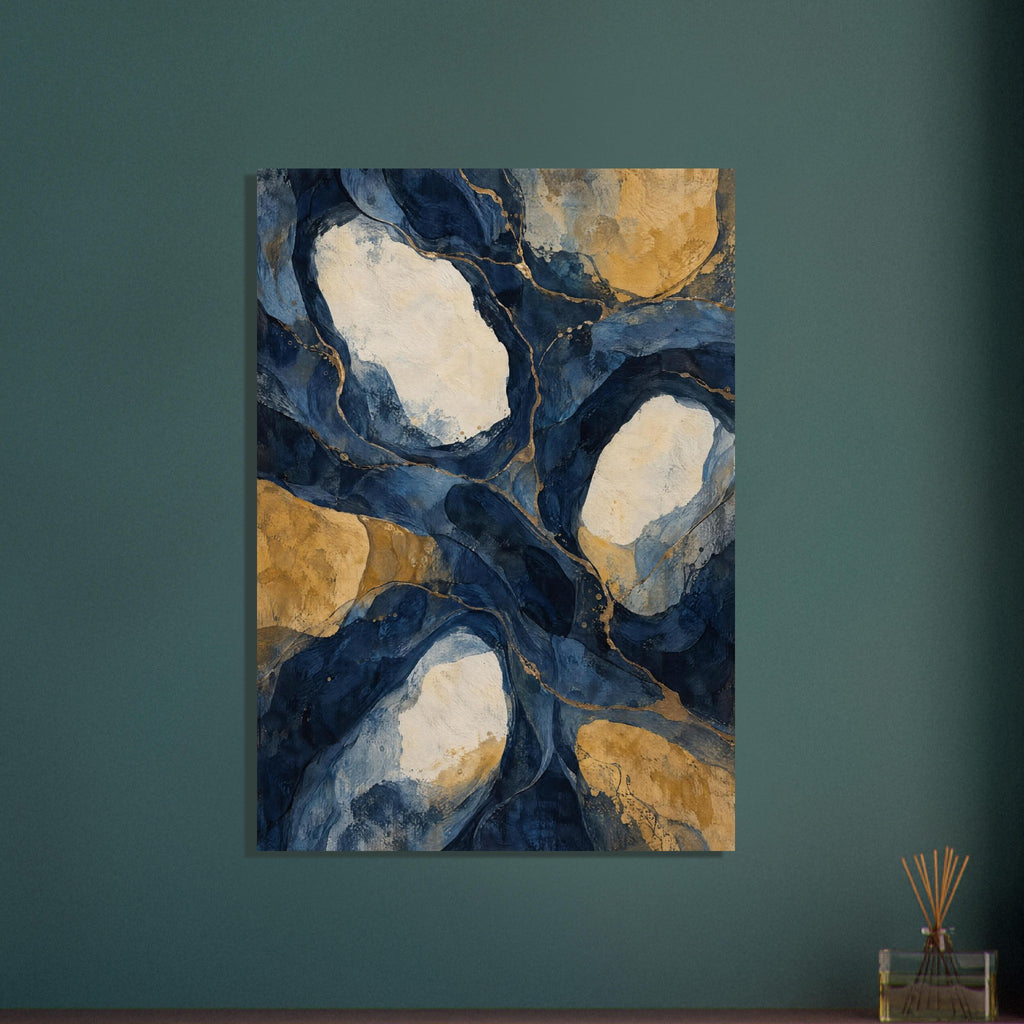 Abstract flowing navy and blue shapes surrounding cream and ochre patches, crossed by fine gold-toned lines.