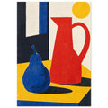 Blue pear and tall red jug on a yellow table, with dark shadows, a cream background and a yellow circle above.