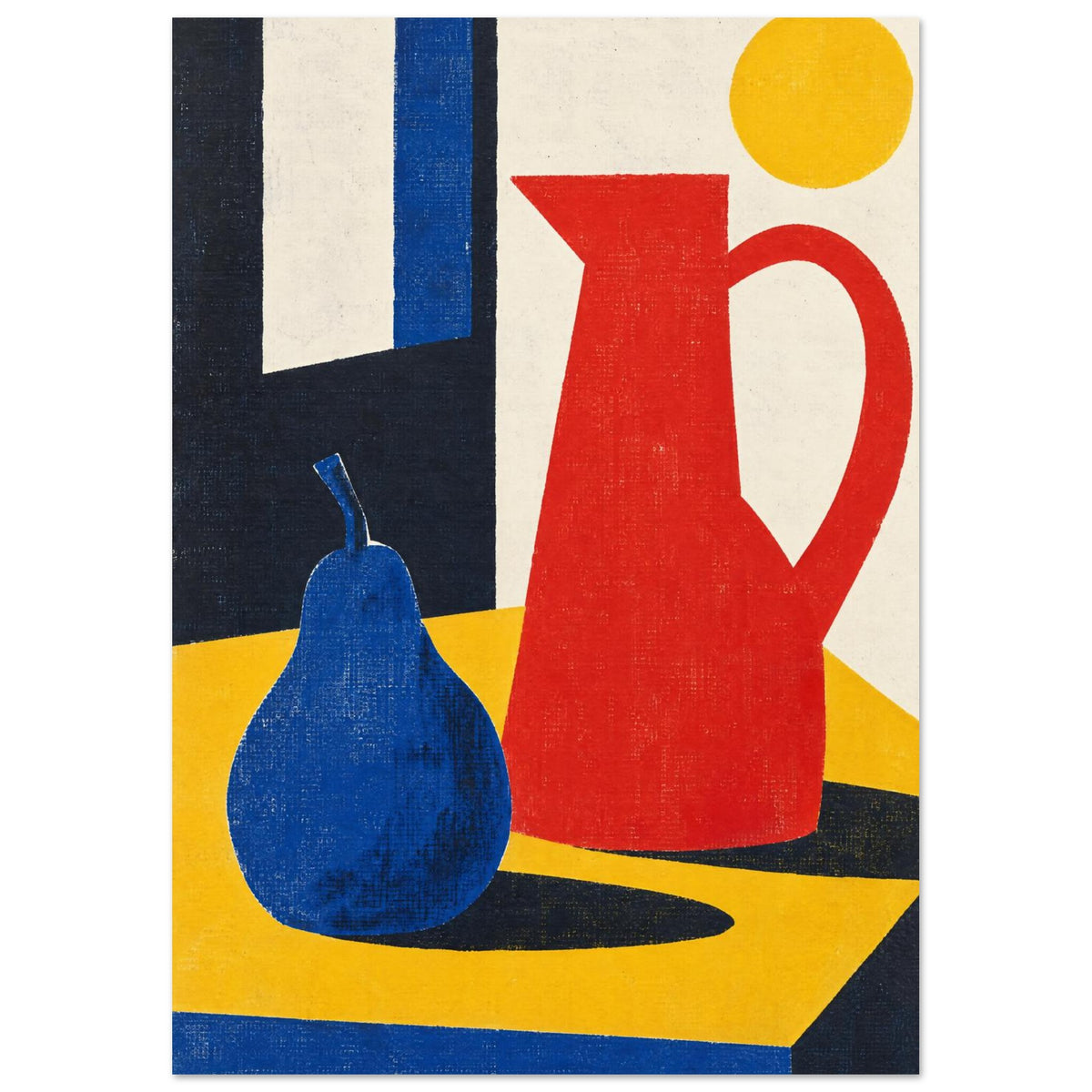 Blue pear and tall red jug on a yellow table, with dark shadows, a cream background and a yellow circle above.