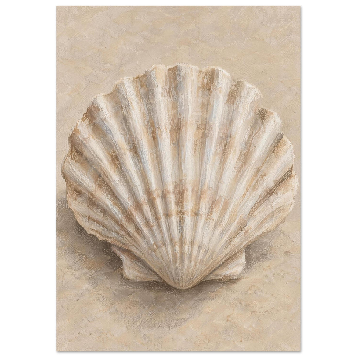 Fan-shaped scallop shell with cream ridges and brown shading on a softly textured beige background.