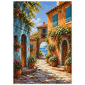 Coastal village lane with blue and orange buildings, potted flowers and a stone archway opening onto a sea view.
