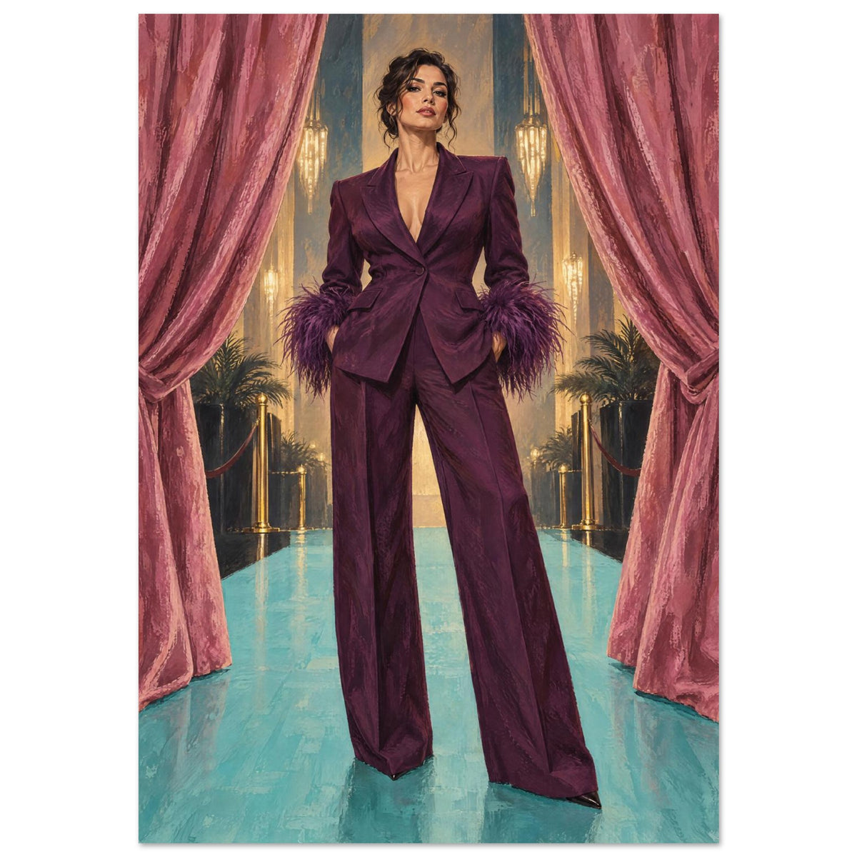 The Feathered Entrance shows a woman in a plum suit with feather-like cuffs standing between rose curtains on an aqua floor.
