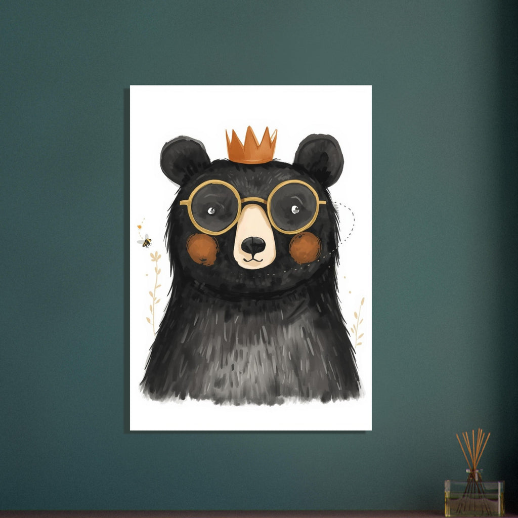 Black bear wearing golden round glasses and an orange crown, with brown cheeks, a tiny bee and delicate stems.